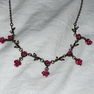 Vintage bronze pink rhinestone Leaf metal 3d rose dangle bib chain choker neckla